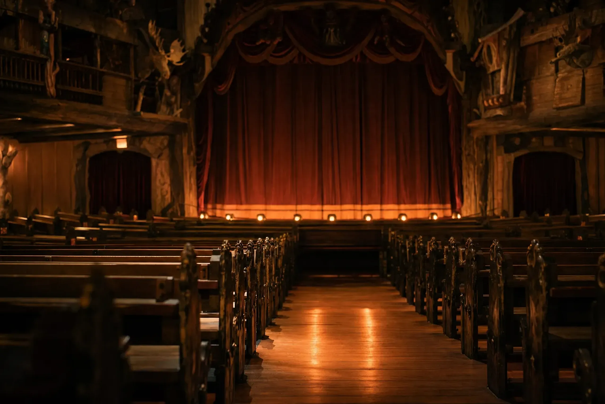 The darkened, empty Country Bear Theater auditorium in Westernland at Tokyo Disneyland, wooden theatre seats facing a closed stage curtain
