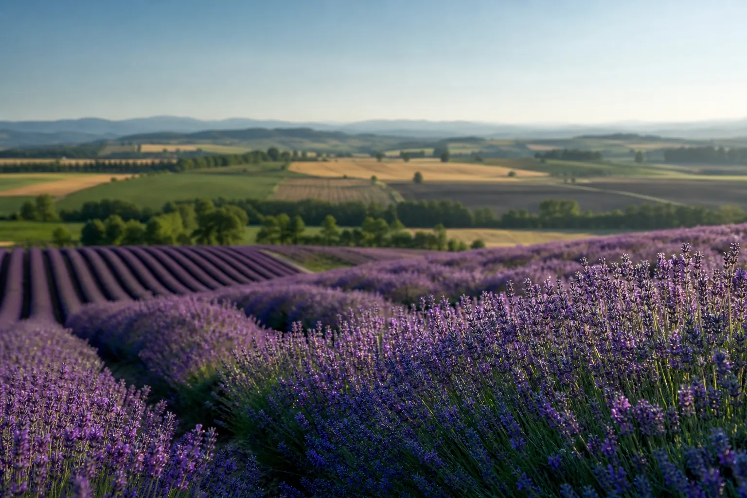 Panoramic view of Furano lavender fields forming a purple horizon on rolling hills in Hokkaido