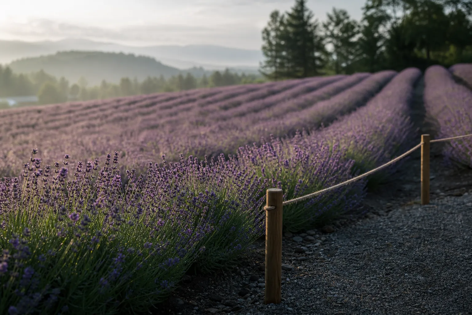 Lavender rows and viewing path at Farm Tomita in Nakafurano, Hokkaido