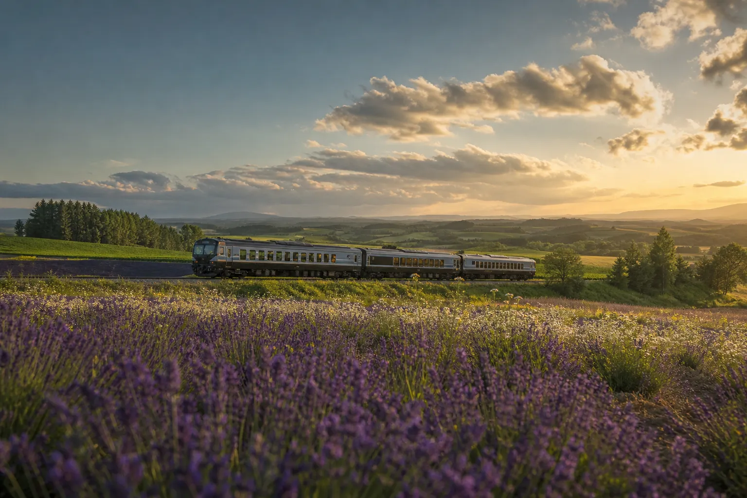Sightseeing train traveling through summer fields near Furano and Biei in Hokkaido