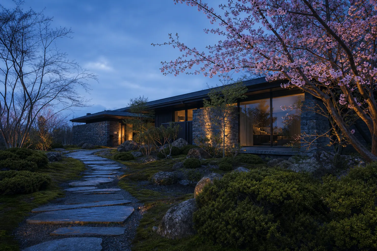 Modern chalet-style luxury lodge exterior in a quiet natural setting in Hokkaido