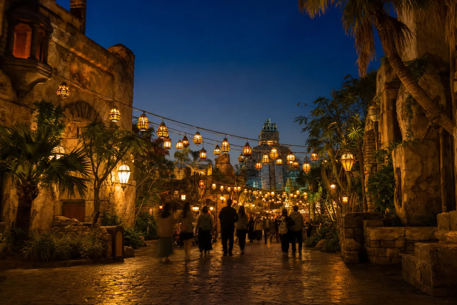 Evening view of Lost River Delta at Tokyo DisneySea with lantern-lit walkways and themed architecture