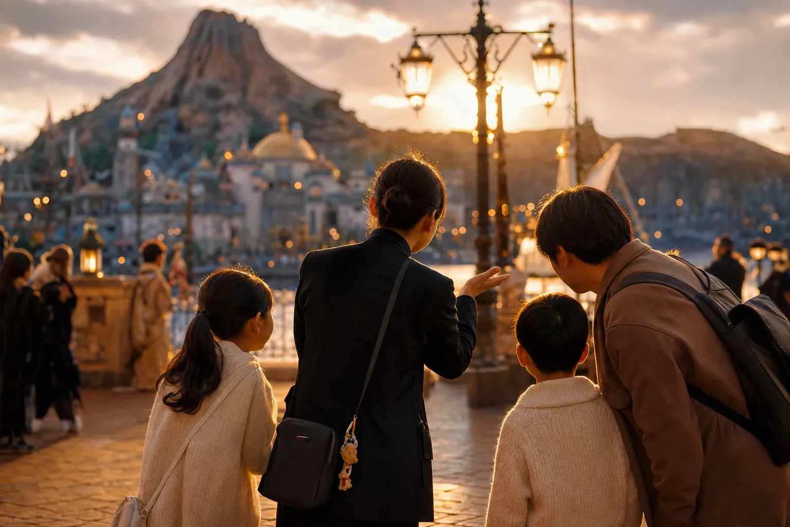 A private guide speaking with a family in a theme-park setting, suggesting a structured VIP-paced visit