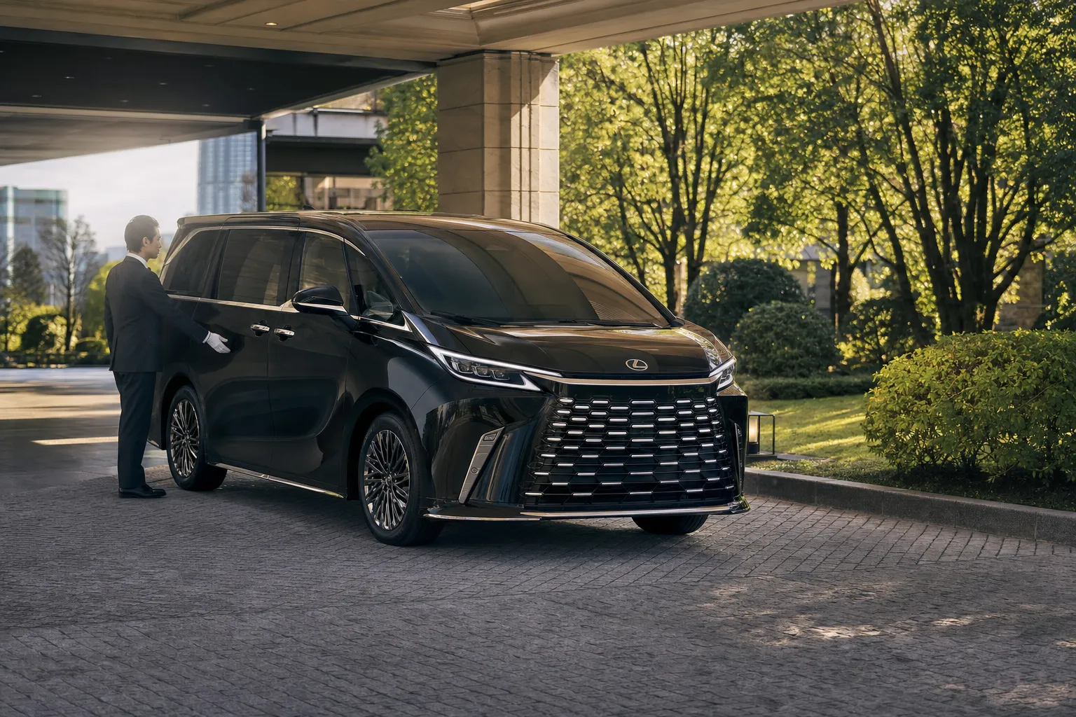 Black luxury minivan with chauffeur at a Tokyo hotel driveway for private transfers