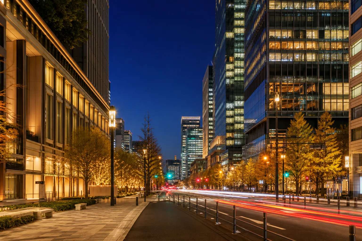 Twilight view of Tokyo’s Marunouchi area with modern buildings and city lights
