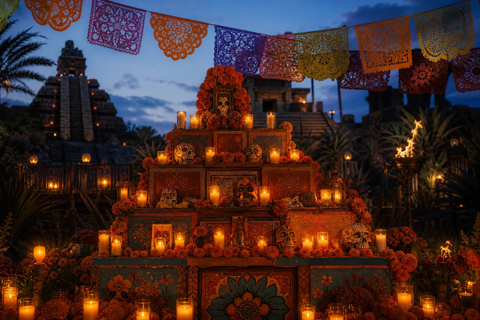 a Día de los Muertos ofrenda altar layered with orange cempasúchil marigold flowers, flickering votive candles, and intricate papel picado banners, styled with Mexican folk elements within the dusk-to