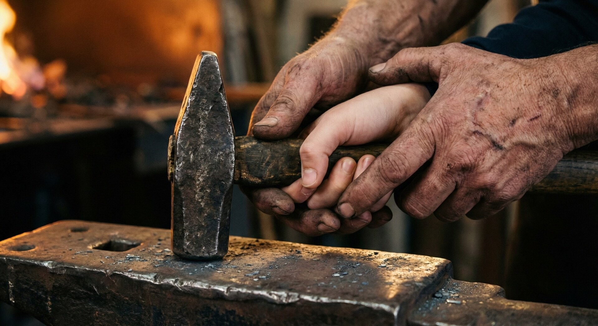 A guest's hands holding a forging hammer alongside a master smith's hands over an anvil.