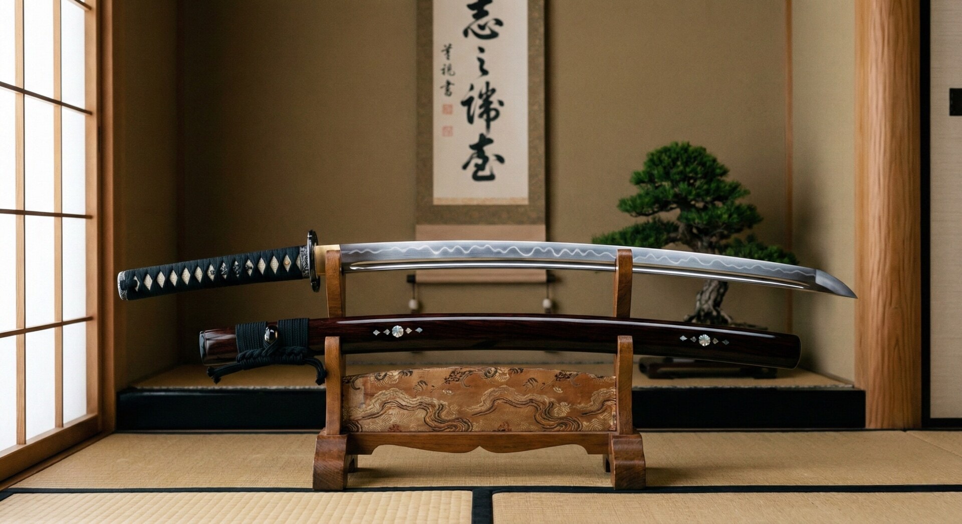 A polished, high-quality Katana sword displayed on a silk stand, highlighting the intricate hamon line.