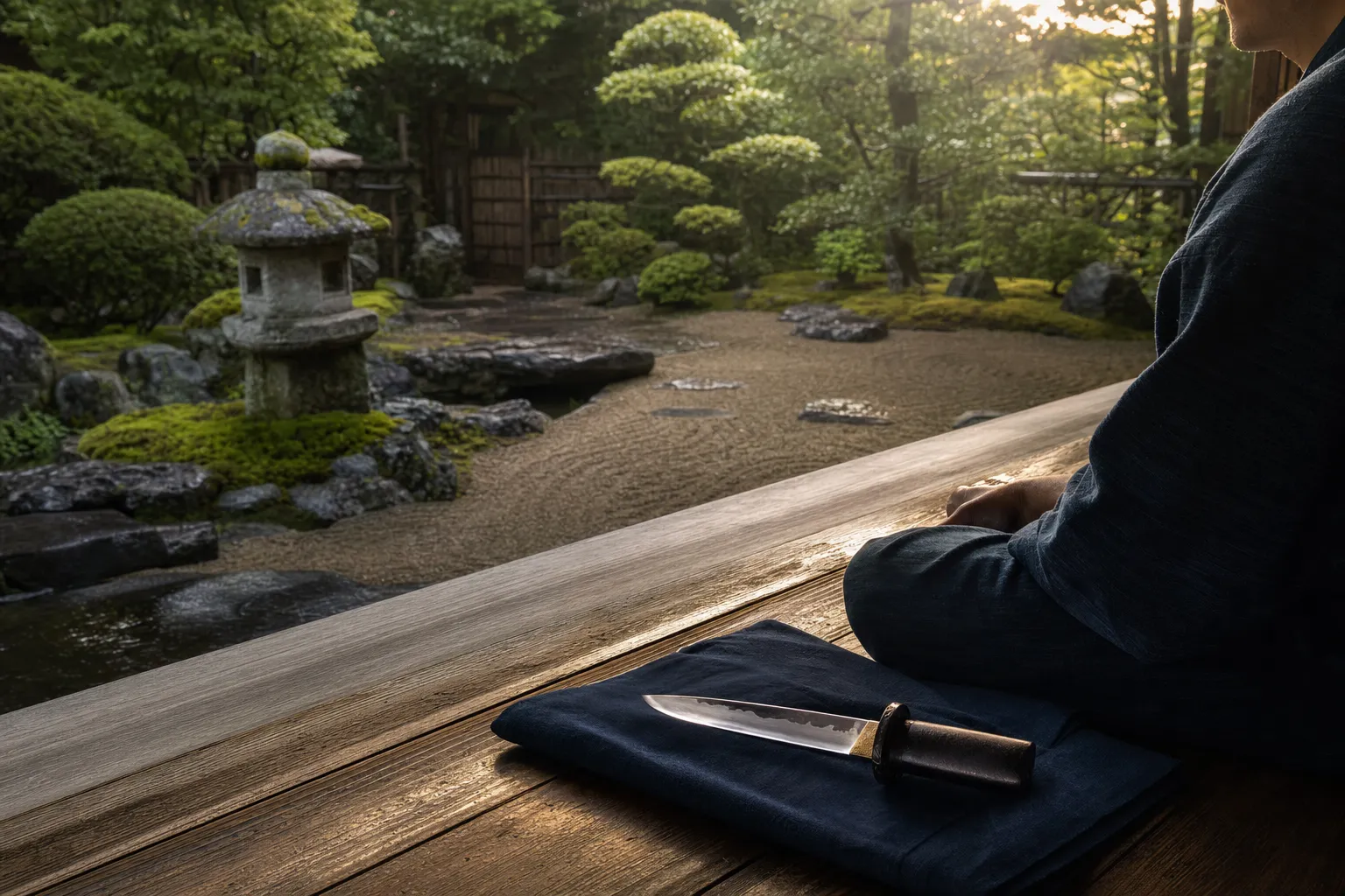 A peaceful, manicured traditional Japanese garden viewed from a luxury travel destination.