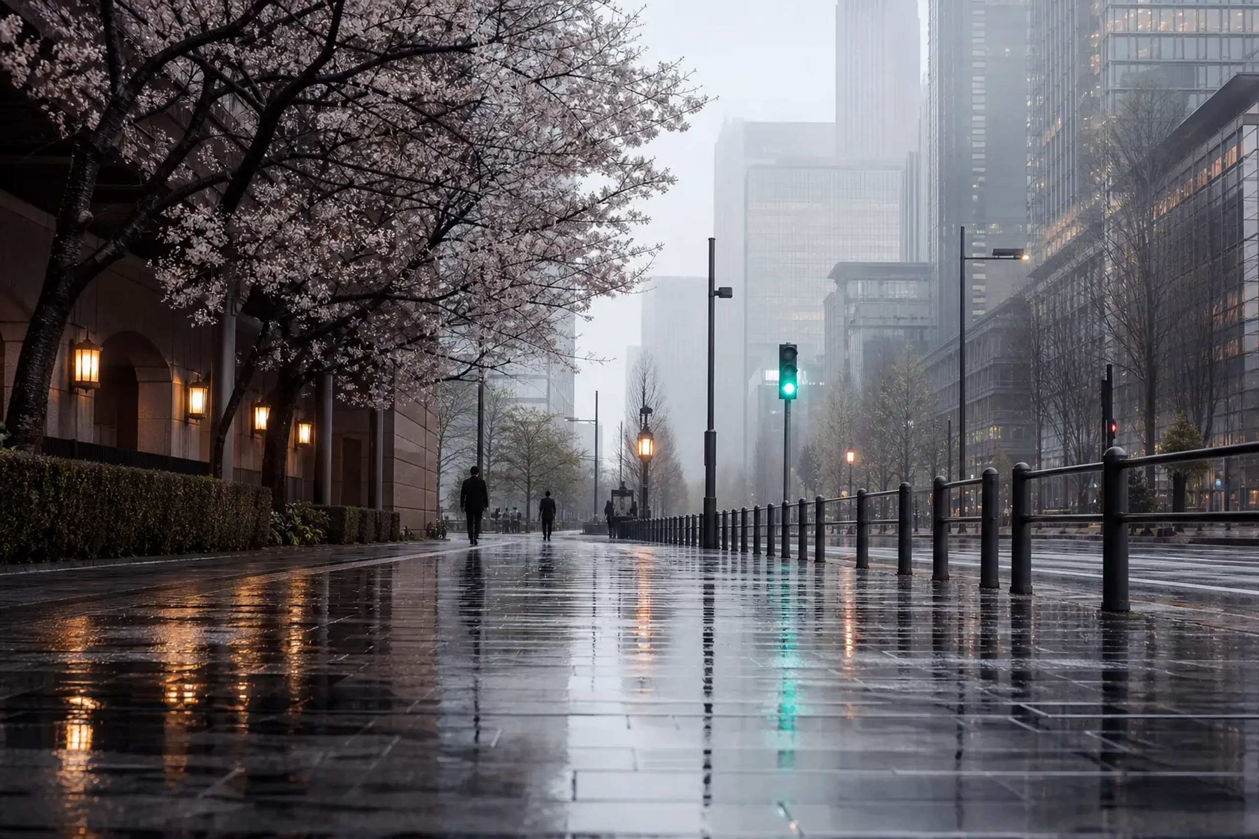 Quiet morning in Marunouchi near Otemachi with wet sidewalks and modern Tokyo buildings