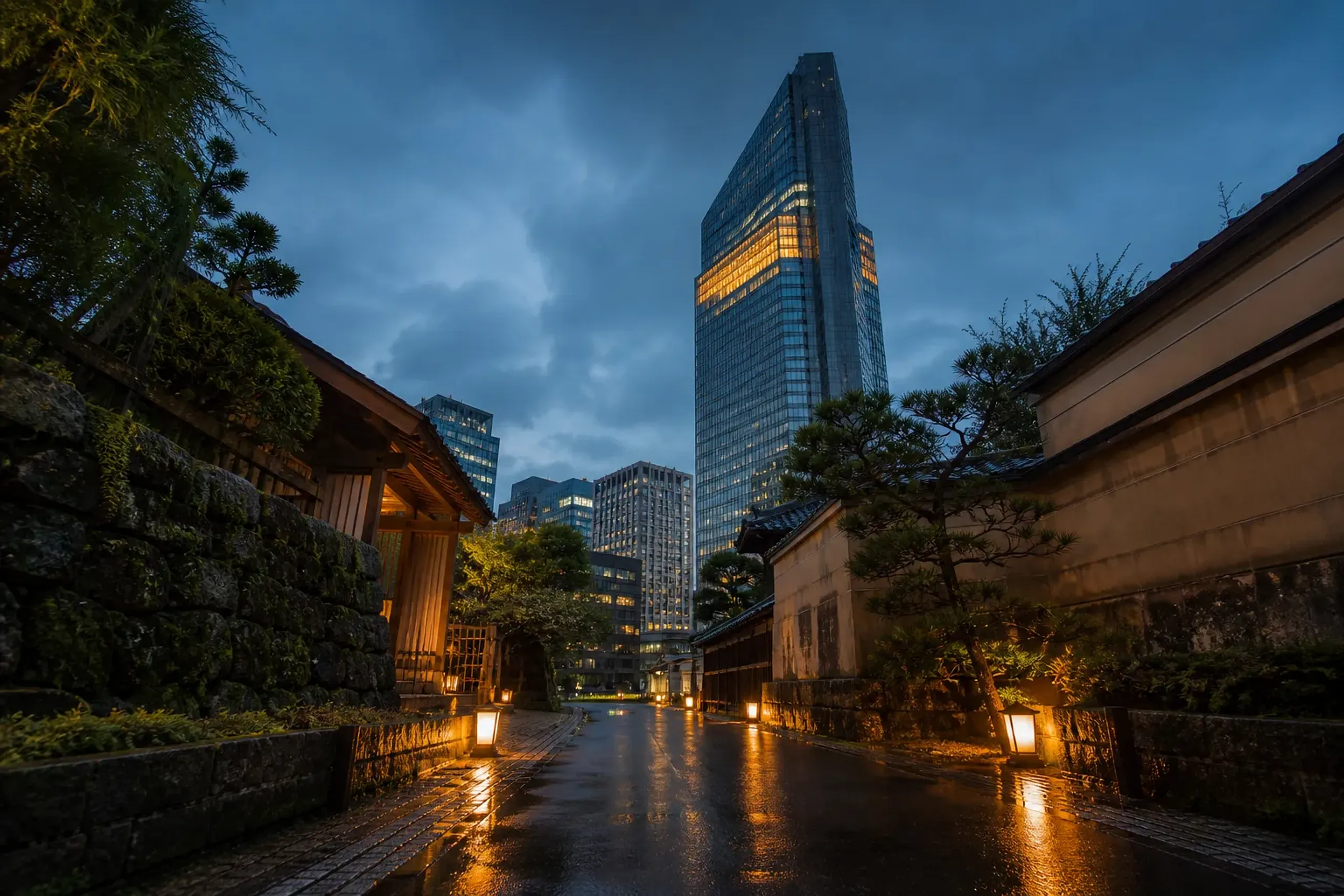 the upper-floor glass facade of the Bulgari Hotel Tokyo occupying the 40th to 45th floors of the Tokyo Midtown Yaesu skyscraper, seen from street level against the Tokyo Station district skyline at du
