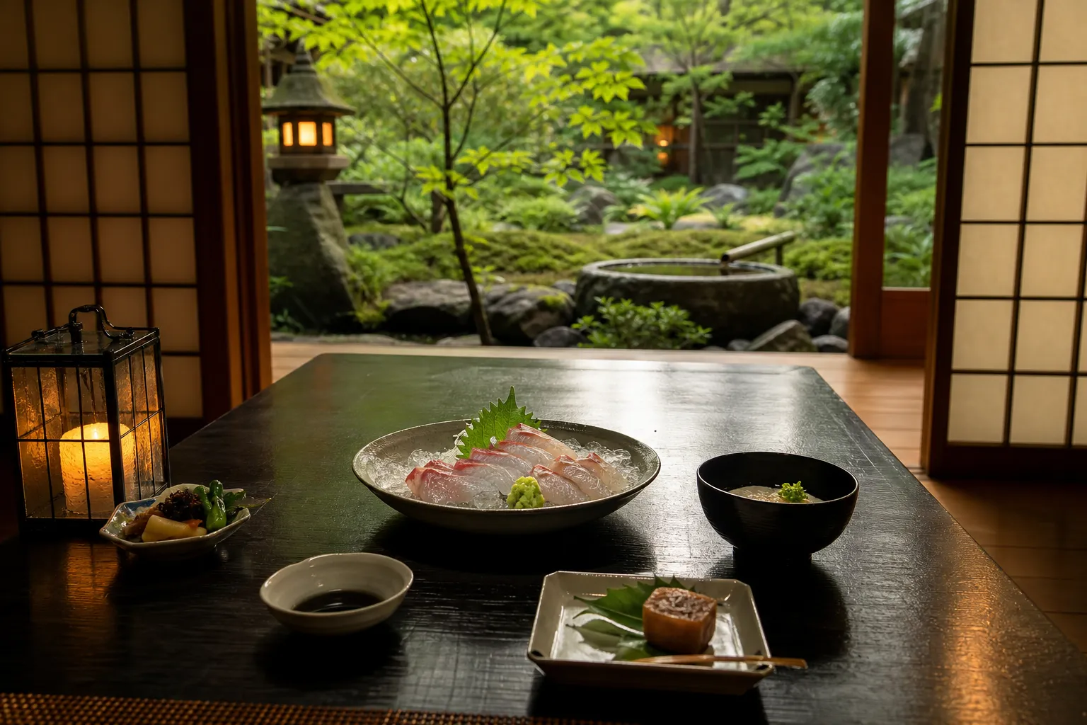 Assorted Japanese kaiseki dishes on a dark table with a garden view, center plate features sashimi.