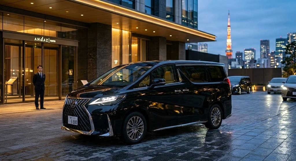 Black luxury minivan parked on a wet plaza in front of the Andaz Tokyo hotel, city lights in the background at dusk.