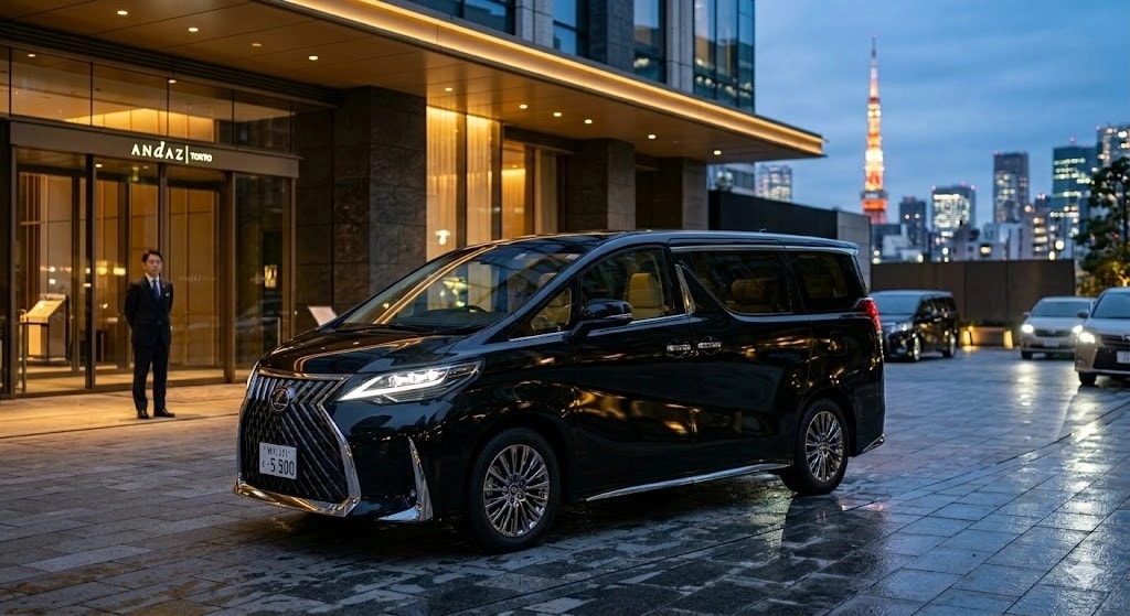 Black luxury minivan parked on a wet plaza in front of the Andaz Tokyo hotel, city lights in the background at dusk.