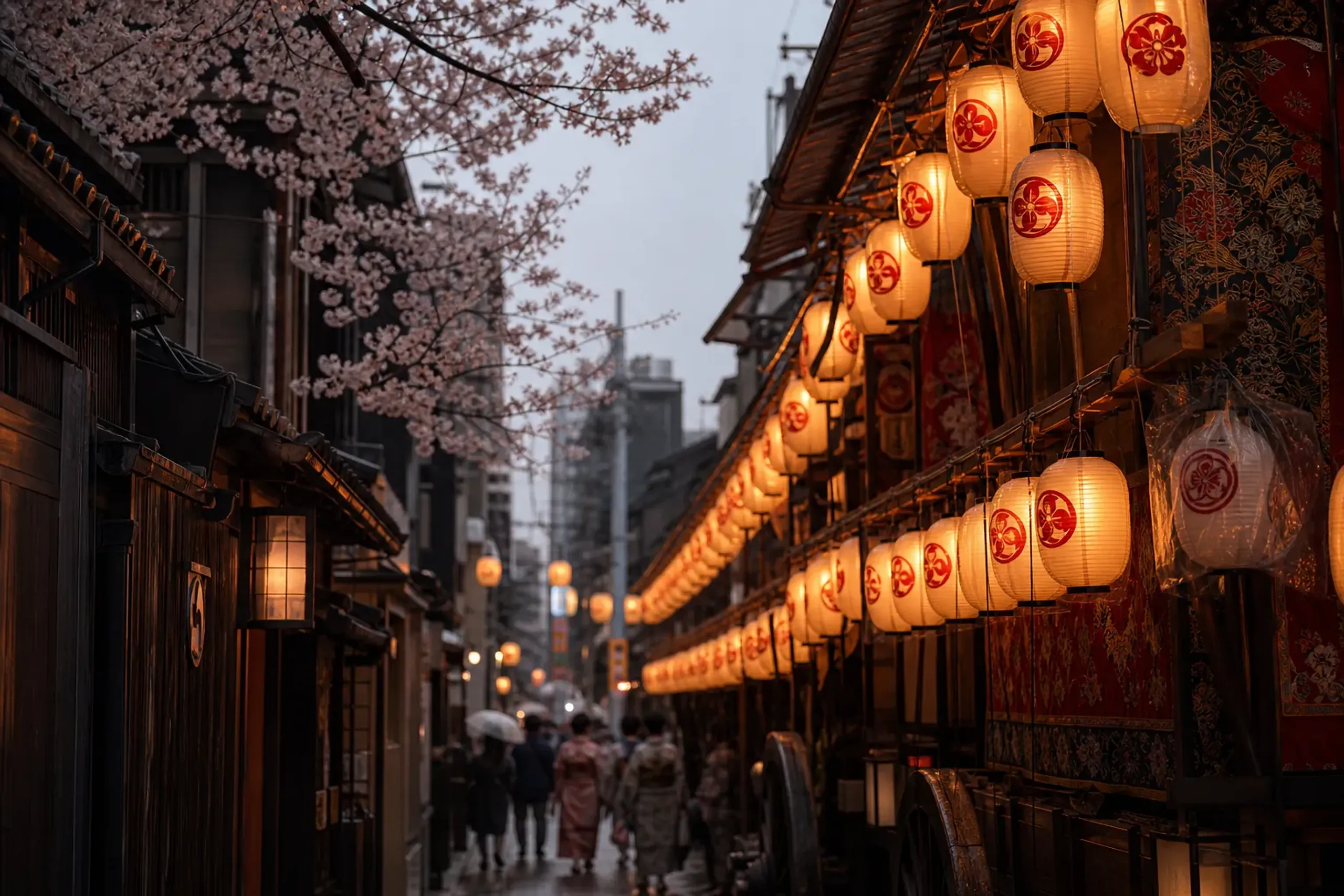 Lantern-lit Kyoto street scene during Gion Matsuri in July