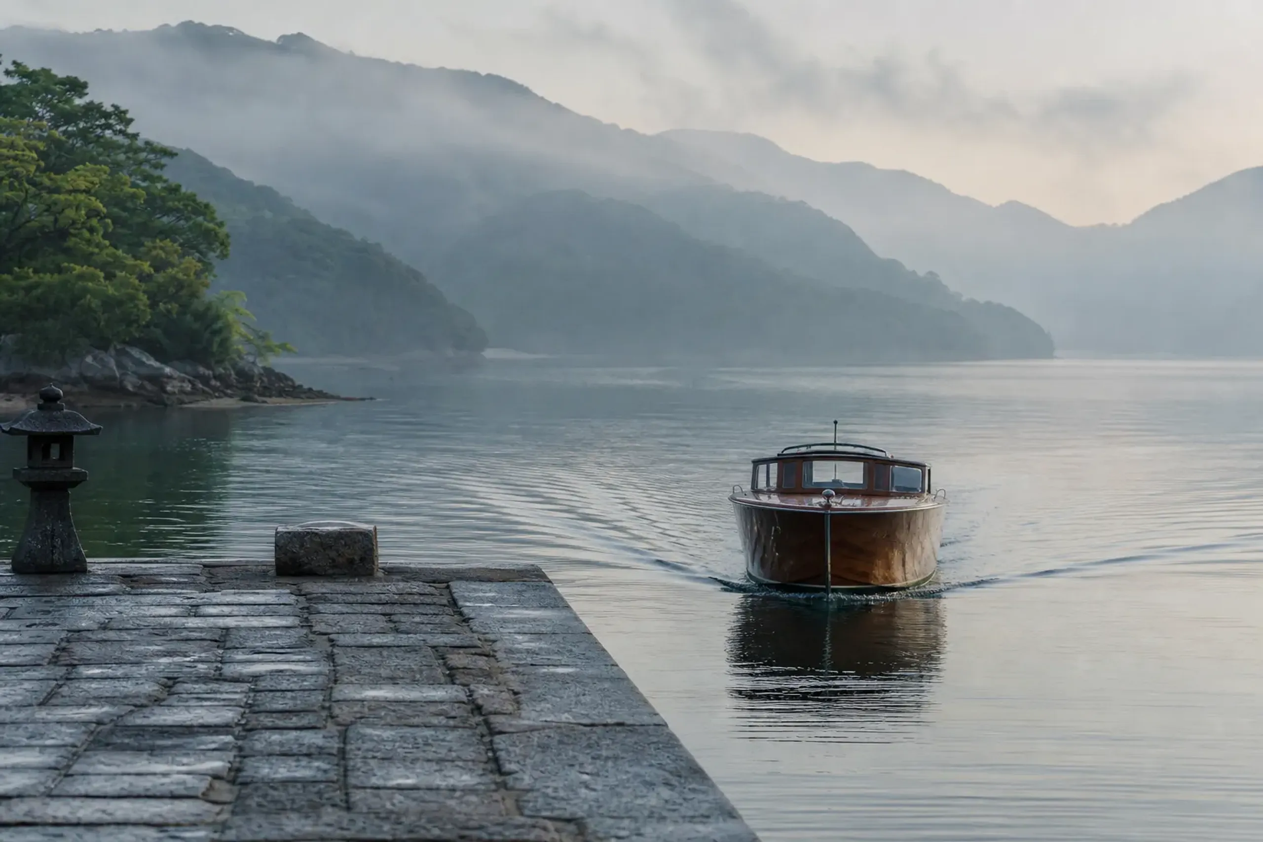 a private wooden tender boat approaching a quiet stone pier at a Seto Inland Sea island port at dawn, empty of crowds