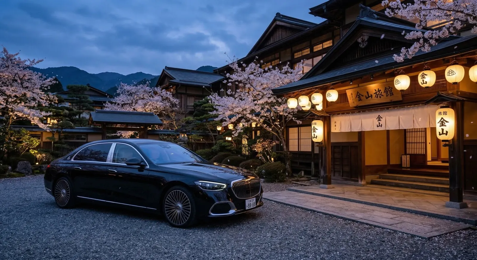 A luxurious private black car waiting outside an elegant, traditional Japanese hotel.