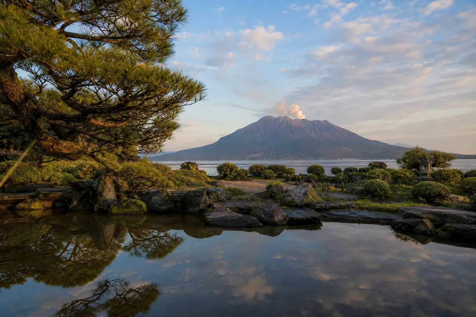 Sengan-en garden in Kagoshima with pond, pine trees, and Sakurajima volcano in the distance