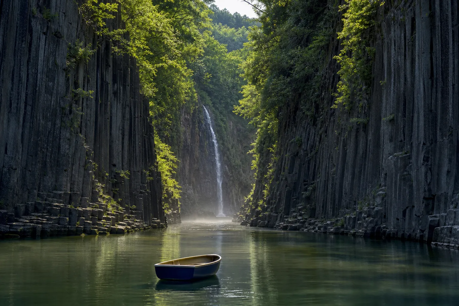 Takachiho Gorge basalt cliffs and river with Manai Falls in the background in early morning light