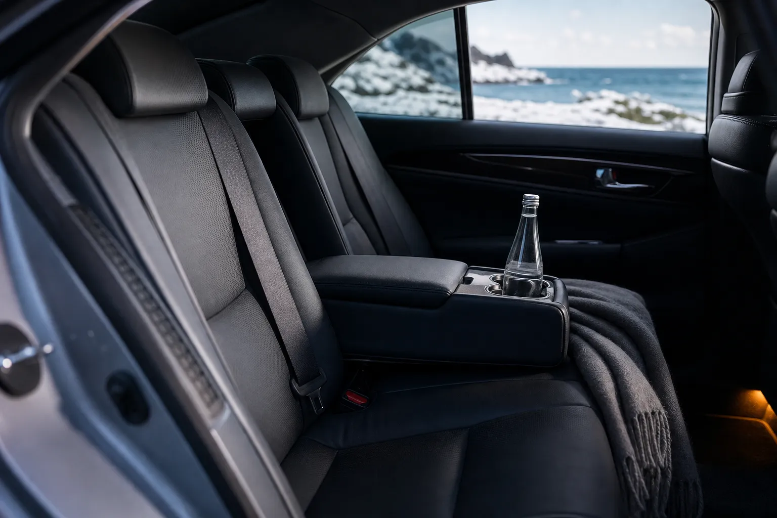 Luxury chauffeur vehicle interior with leather seats, ambient lighting, and bottled water prepared for guests