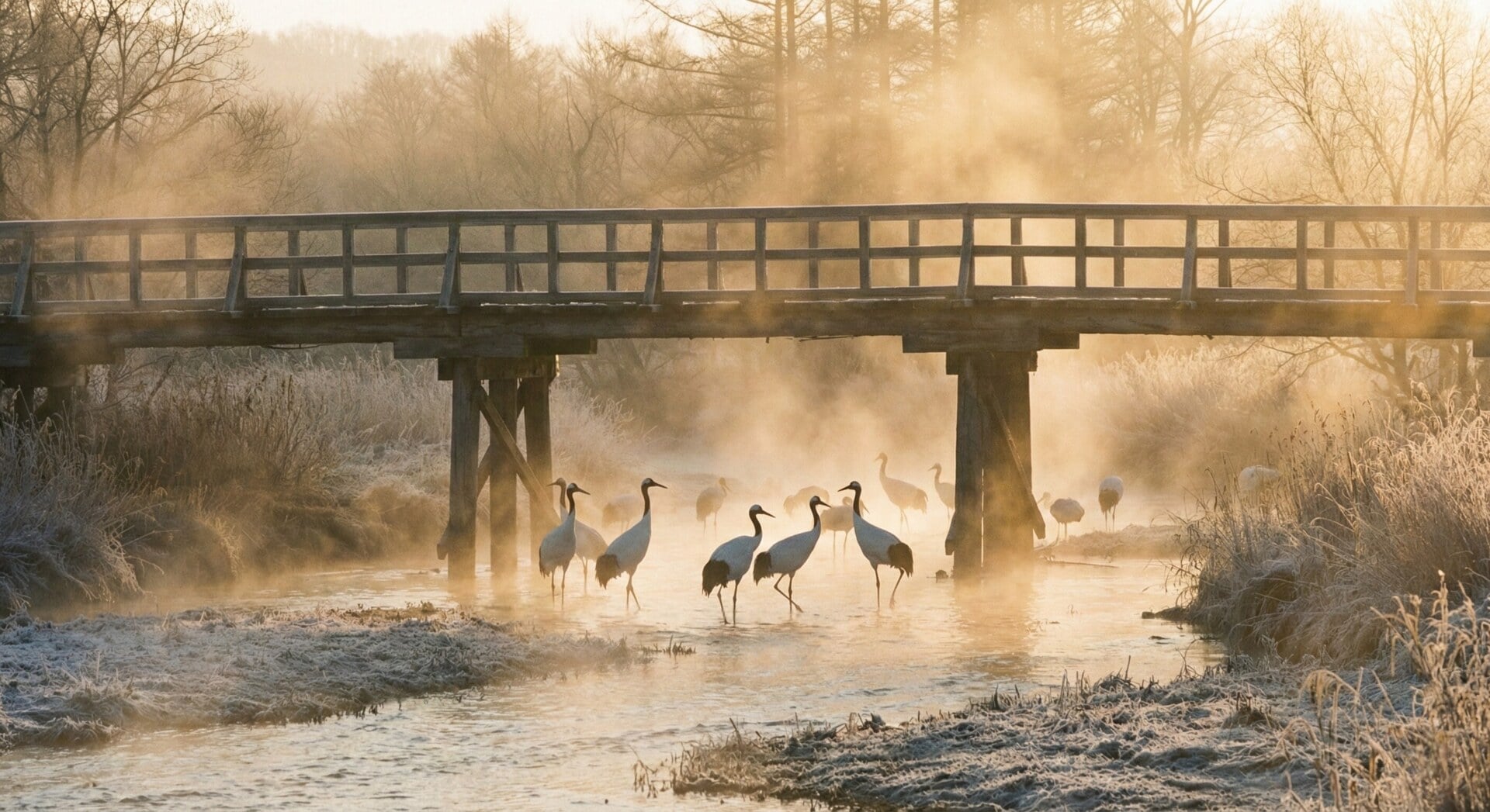 Red-Crowned Cranes sleeping in a misty river at sunrise viewed from Otowa Bridge.