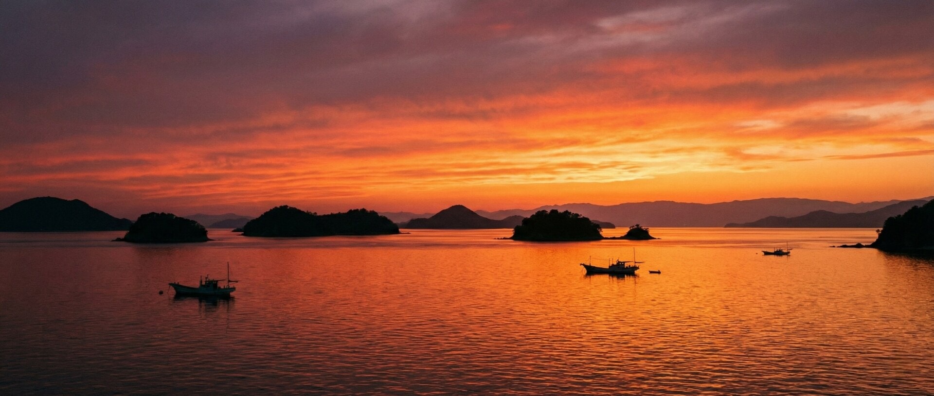 A panoramic view of the Seto Inland Sea at sunset with small islands silhouetted against an orange sky.