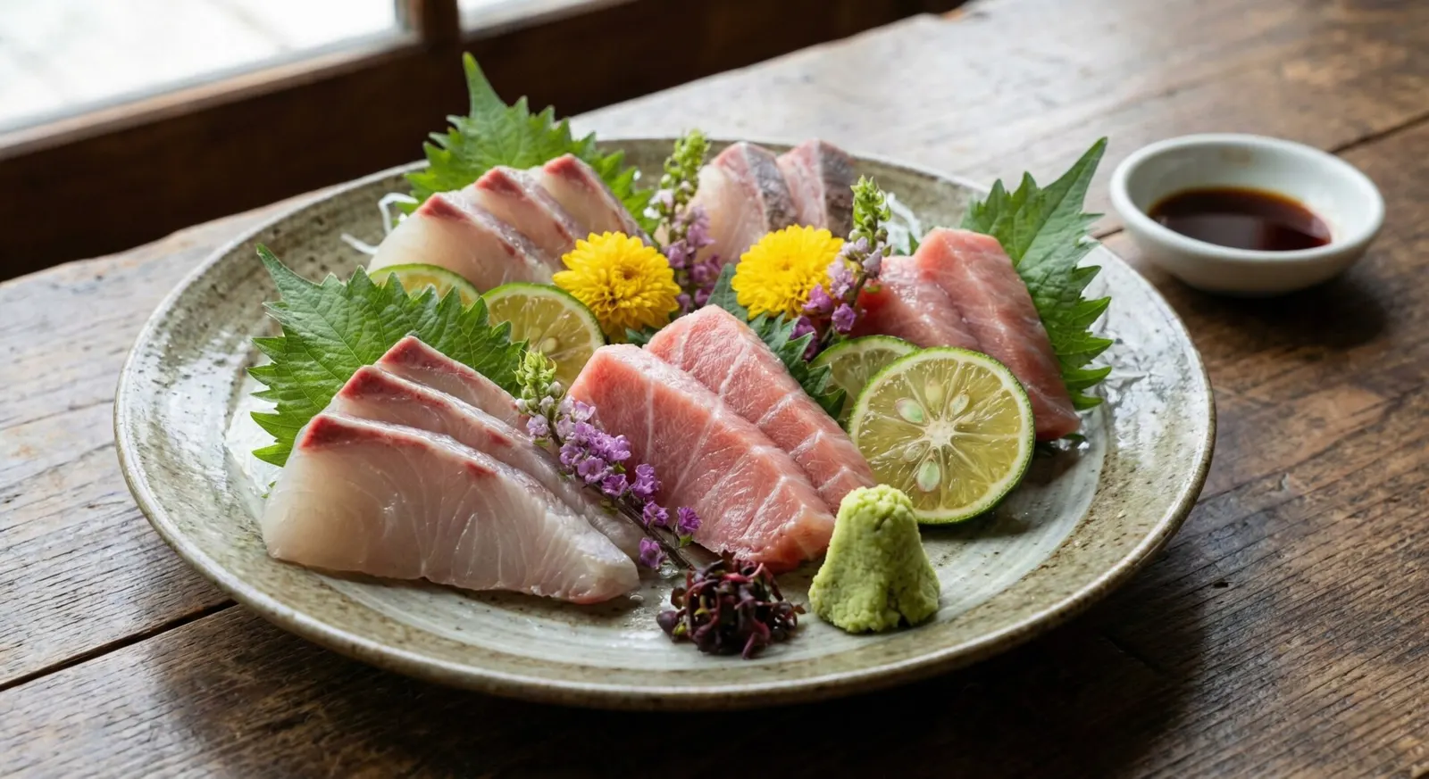A luxurious plate of fresh sashimi and sea bream, garnished with local citrus and flowers.