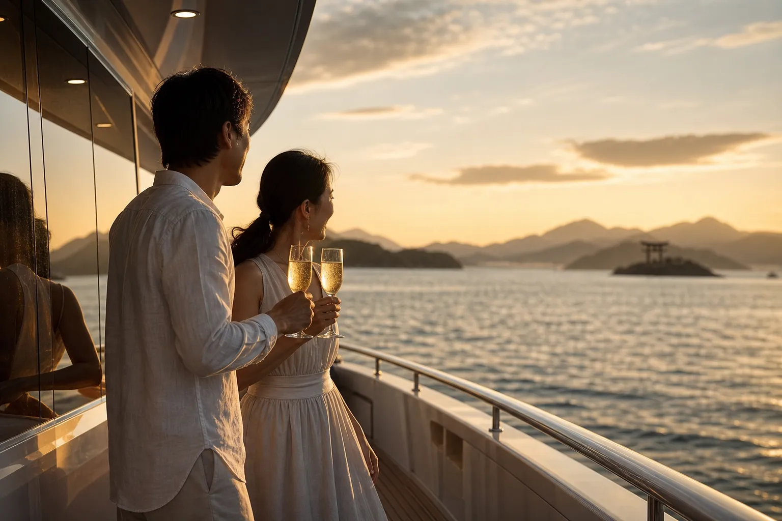 A happy couple enjoying champagne on the deck of a private yacht with islands in the background.