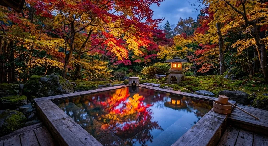 A private hot spring pool reflects the vibrant red and orange hues of autumn foliage, with a glowing paper lantern adding warmth to the crisp evening air.