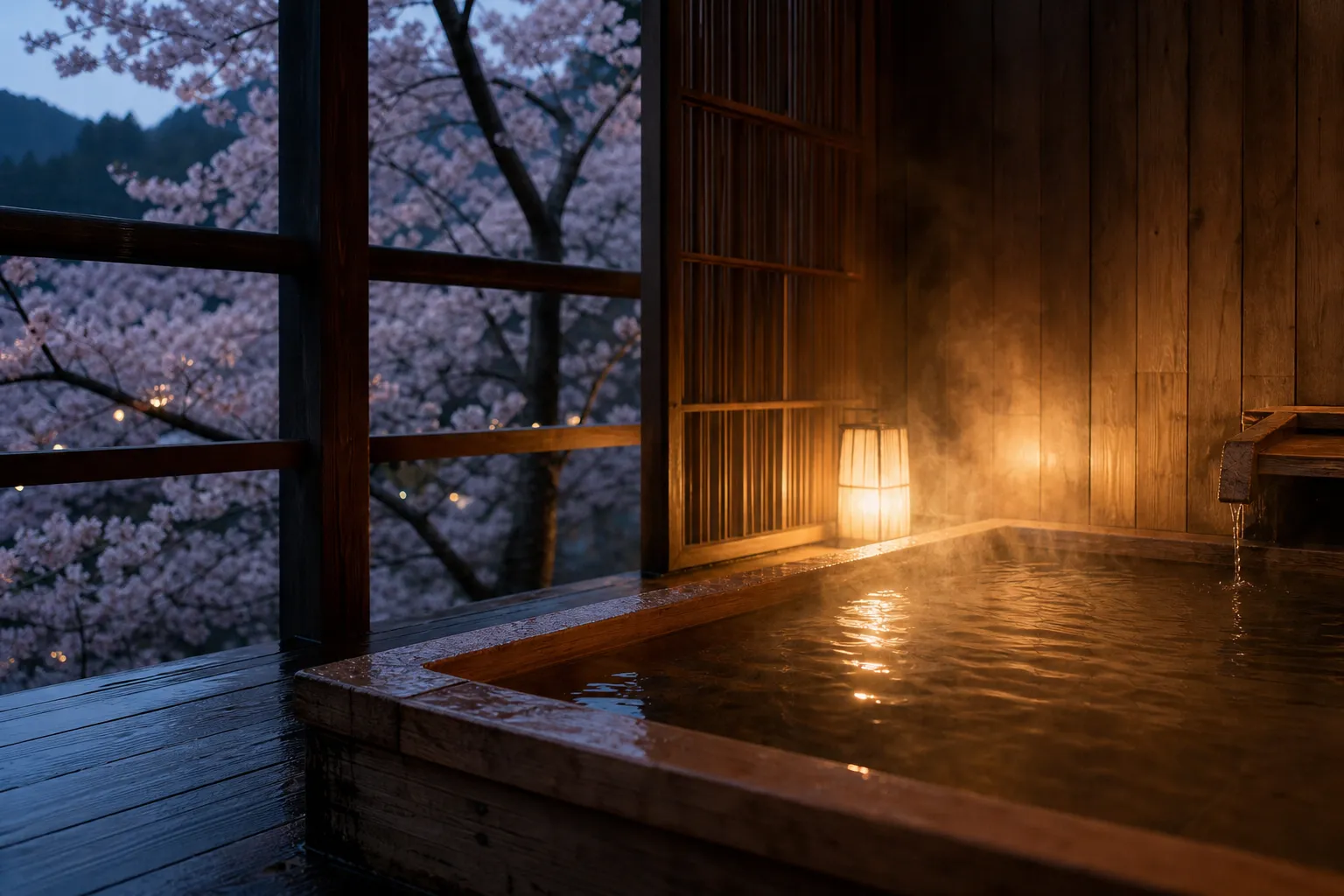 Private open-air onsen bath on a secluded guest room terrace at a luxury Japanese hotel