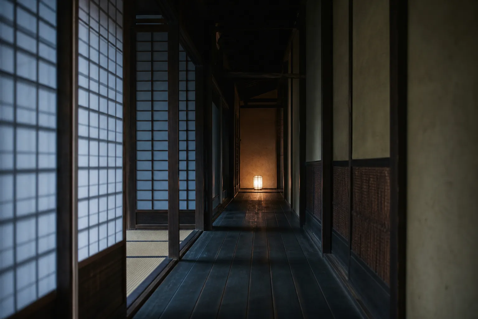 Quiet timber and shoji corridor in a Higashiyama luxury hotel in Kyoto