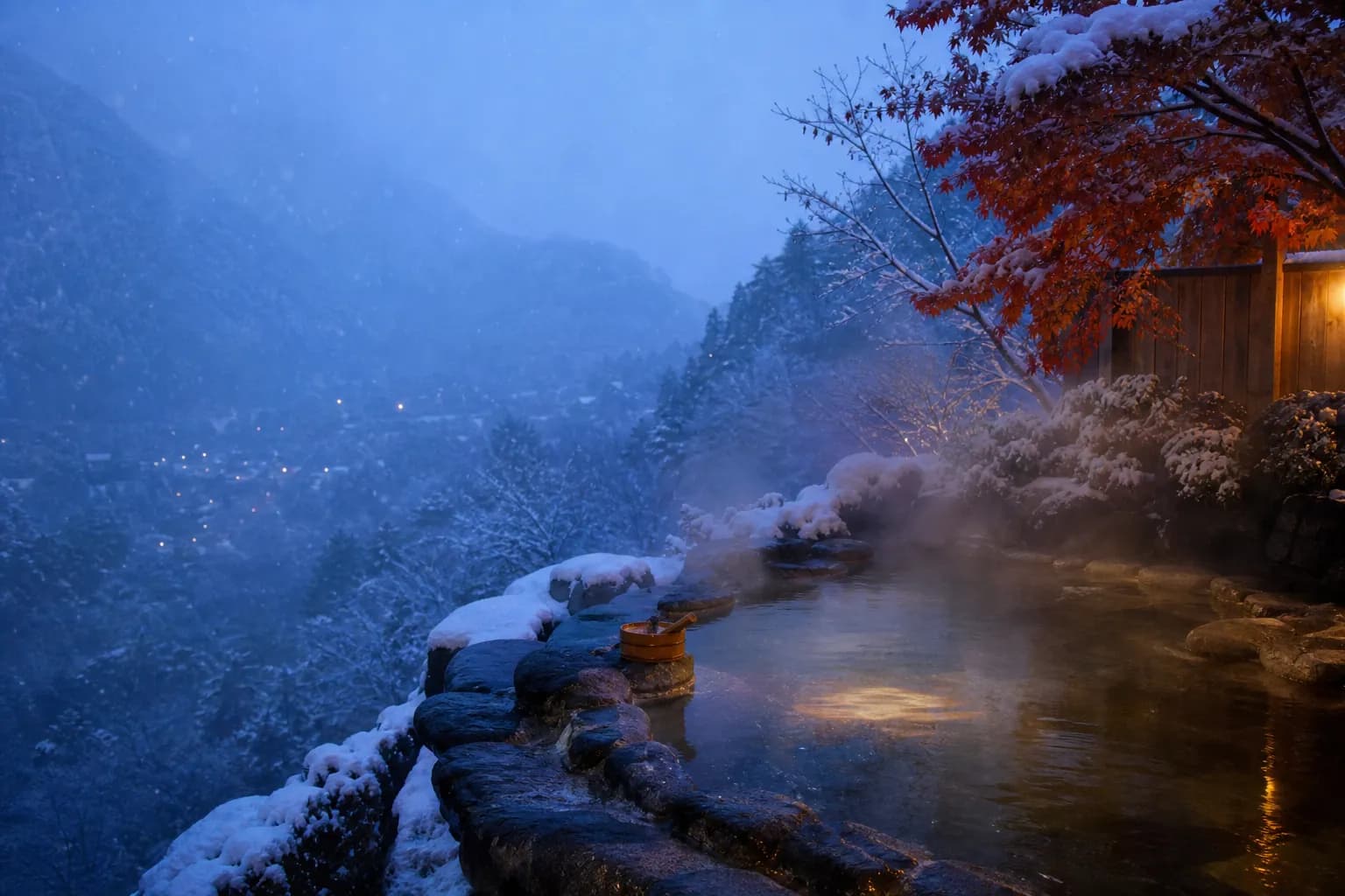 Steaming outdoor onsen surrounded by snow at a Japanese hot-spring town