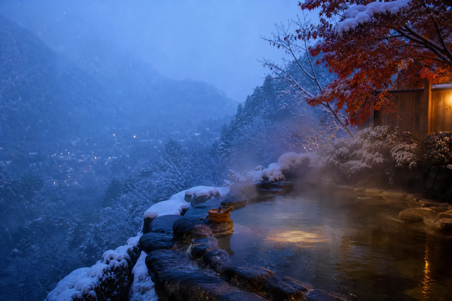 Steaming outdoor onsen surrounded by snow at a Japanese hot-spring town