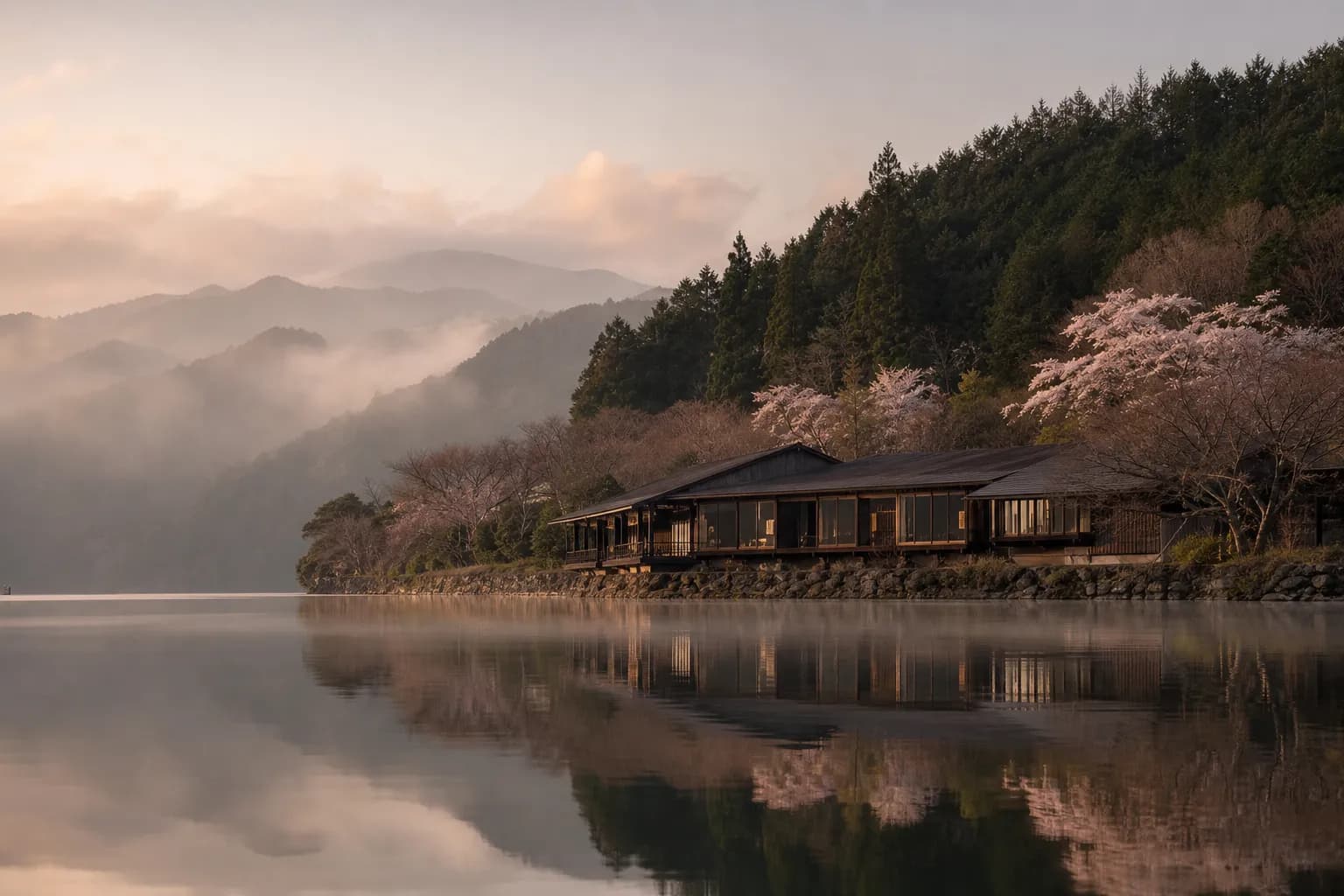 Low timber luxury retreat beside the still water of Lake Toya in Hokkaido