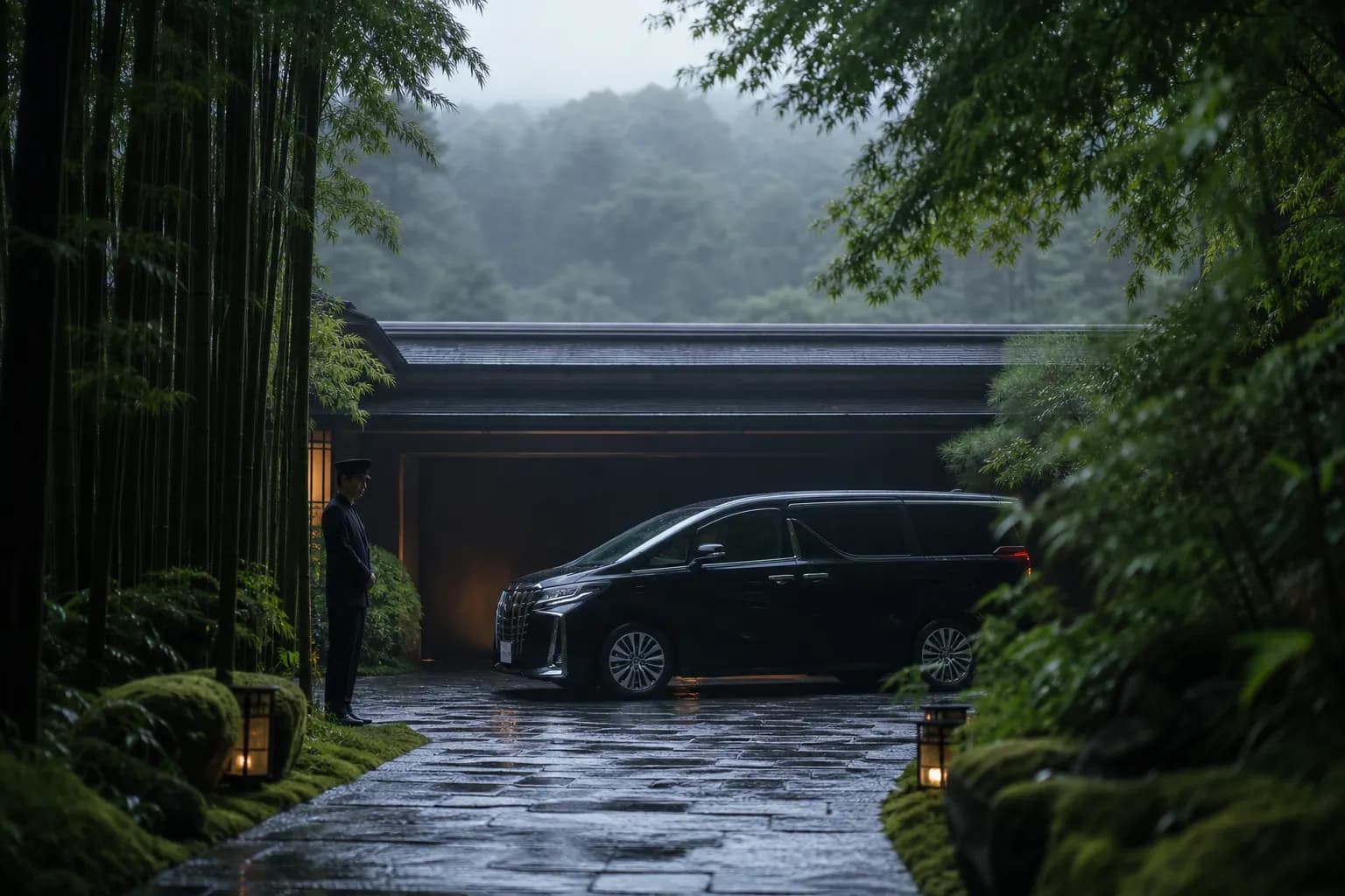 Executive minivan arriving at a discreet private hotel entrance framed by bamboo