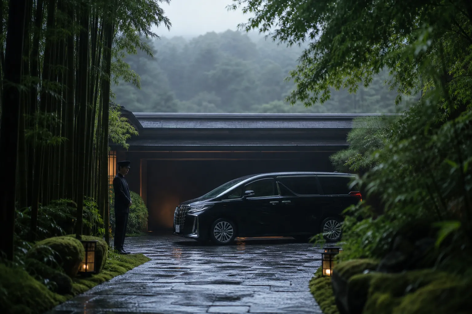 Executive minivan arriving at a discreet private hotel entrance framed by bamboo