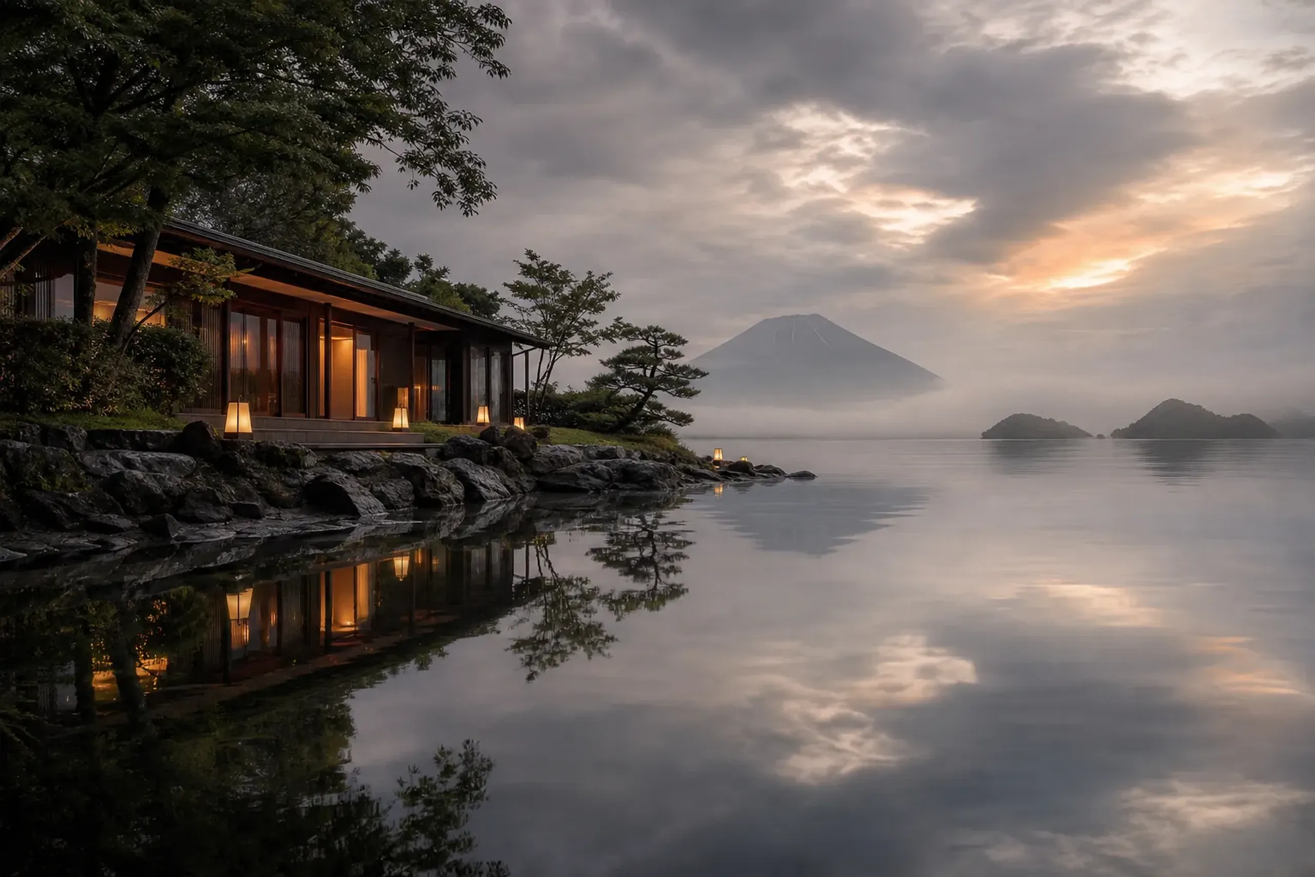 Low timber luxury retreat beside the still water of Lake Toya in Hokkaido