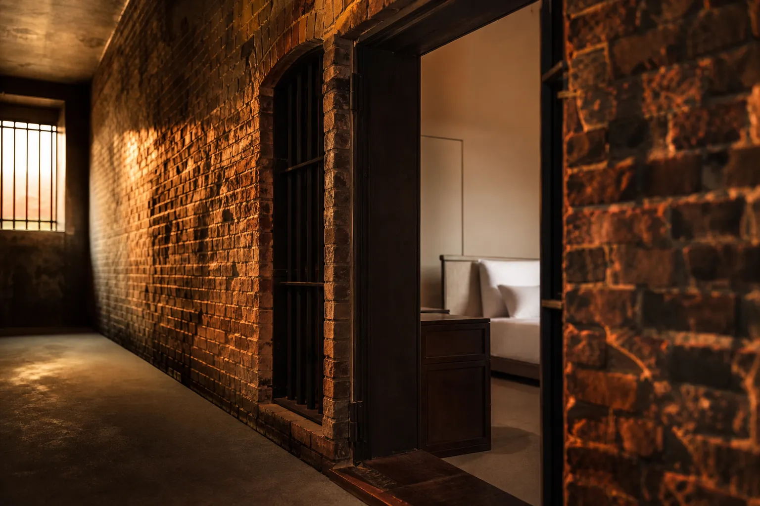 the thick masonry cell-block walls of the former Nara Prison, an Important Cultural Property, converted into joined luxury suites at HOSHINOYA Nara Prison