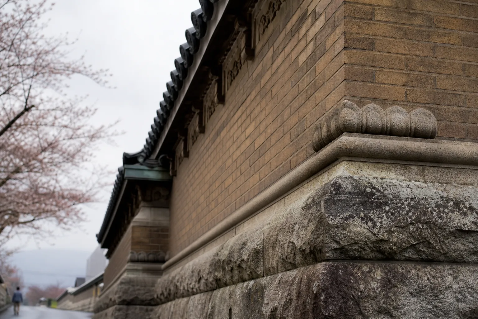 Close view of Yasaka Kaikan building details near Gion in Kyoto