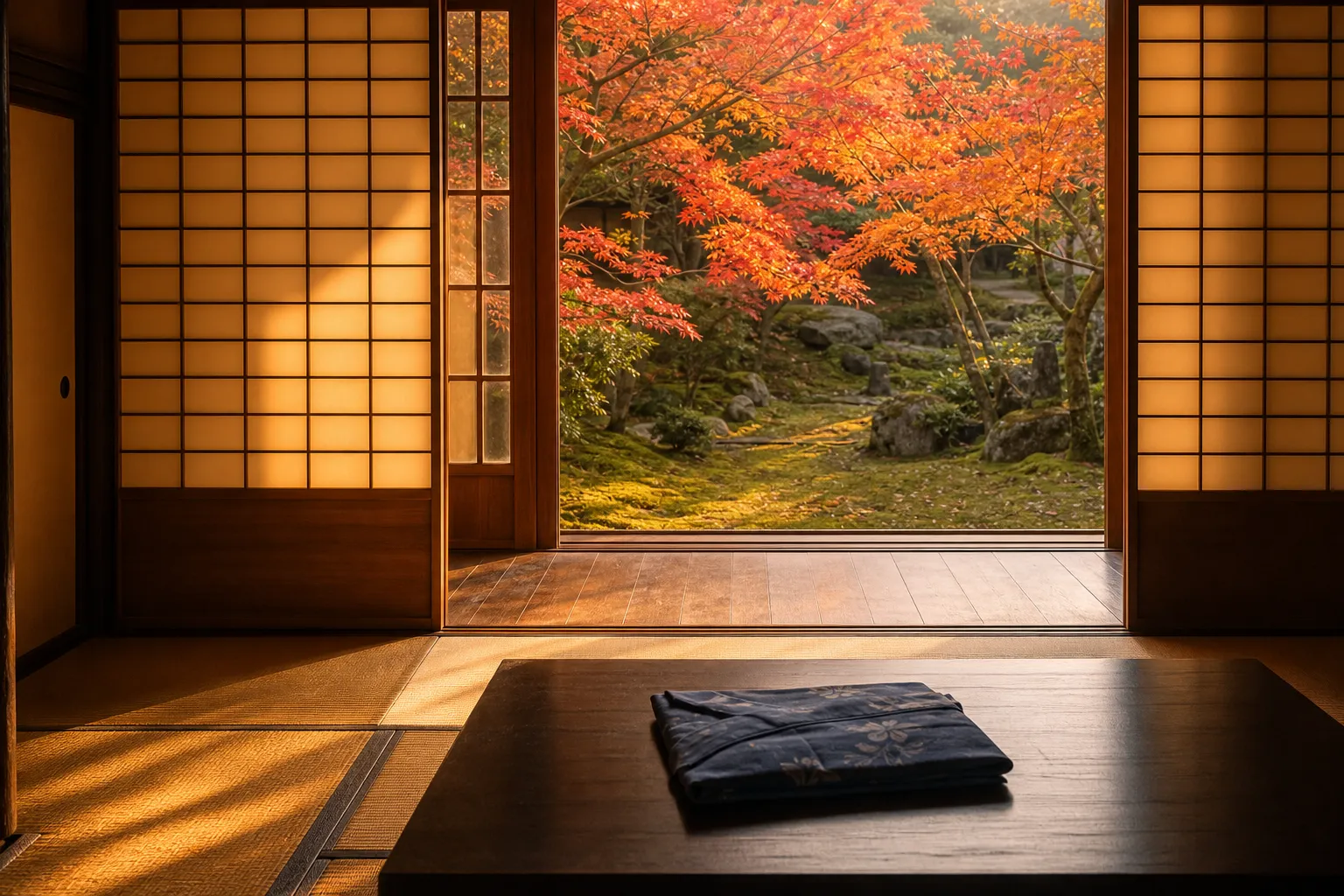 Tatami ryokan room with shoji screens and a moss garden view