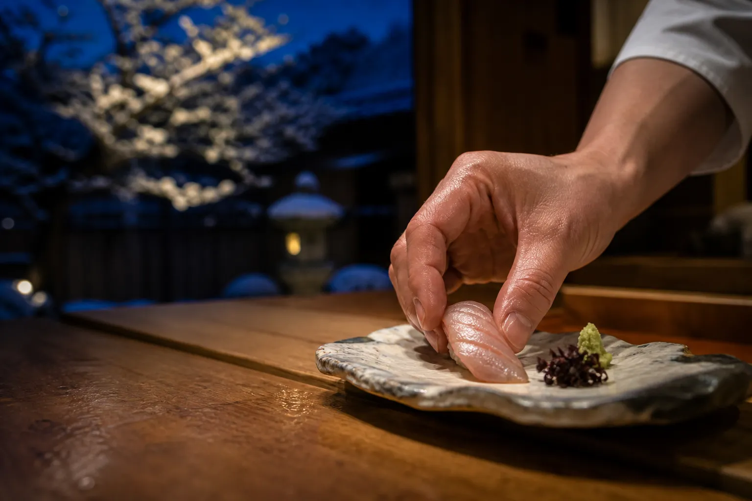 Chef’s hands serving sashimi at a small Japanese counter with warm wood tones