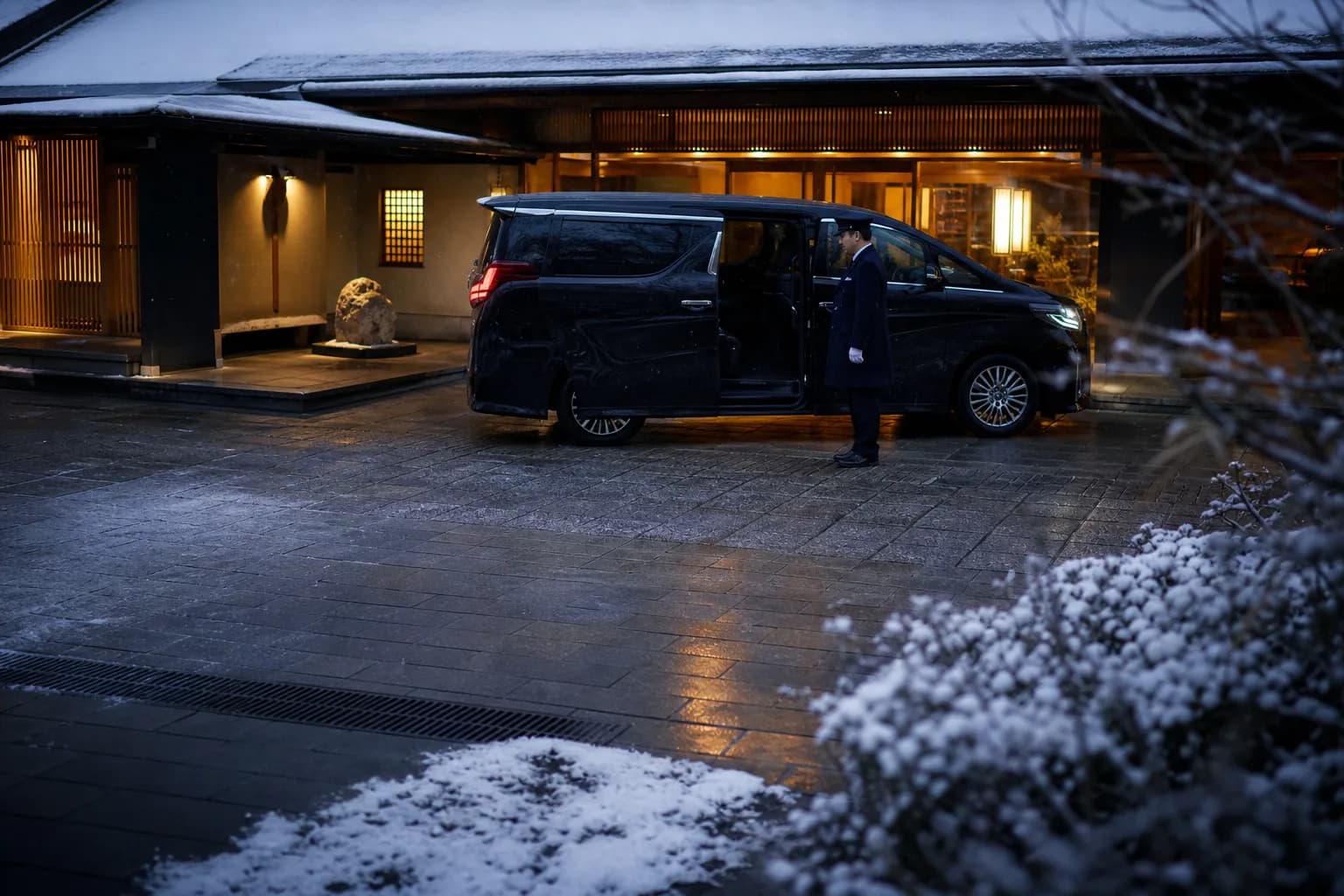 Private chauffeur vehicle waiting at a quiet Tokyo hotel entrance at dusk