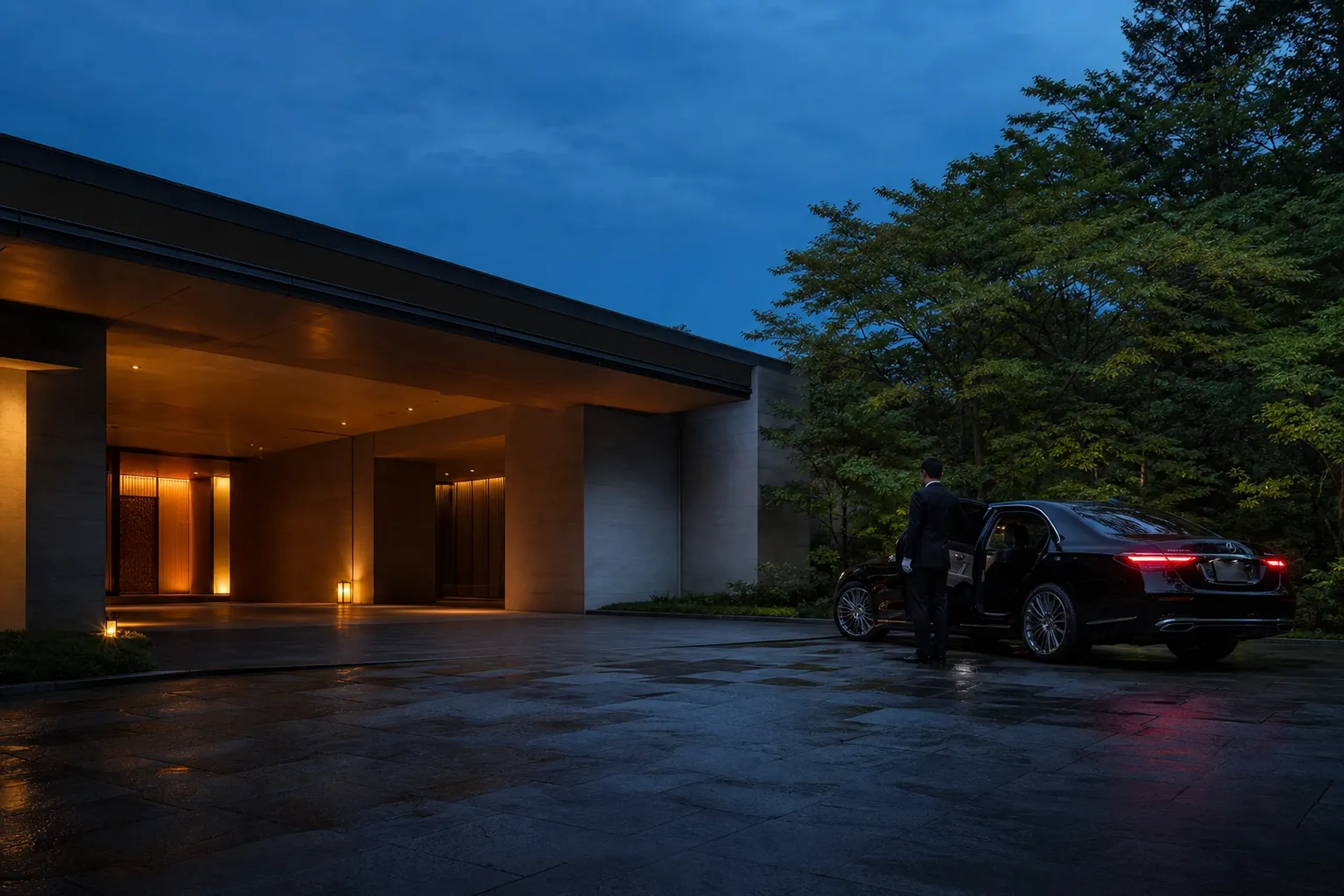 Private chauffeur vehicle waiting at a quiet Tokyo hotel entrance at dusk