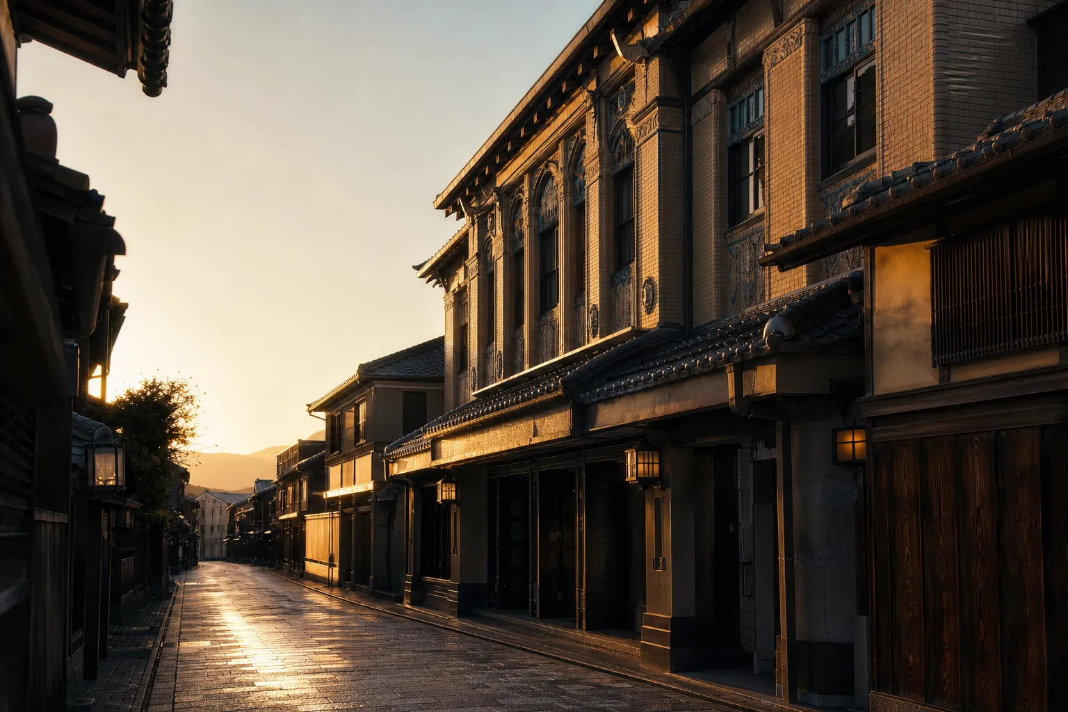The restored Yasaka Kaikan building housing the Imperial Hotel, Kyoto near Gion, its historic facade catching soft early-morning light on a quiet narrow street