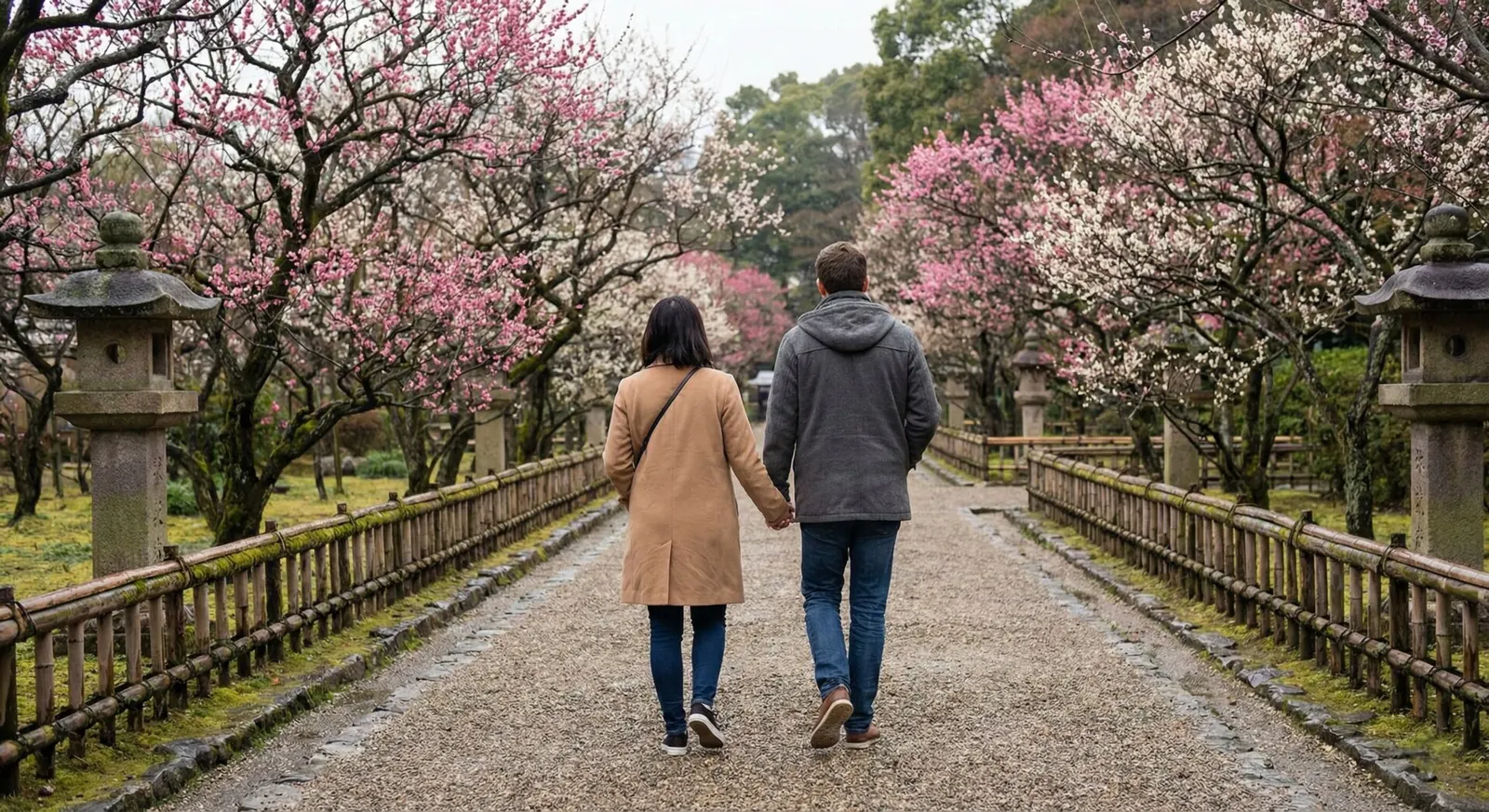 A couple walking down a quiet, gravel path in a Japanese garden, framed by plum trees, with no other people in sight.
