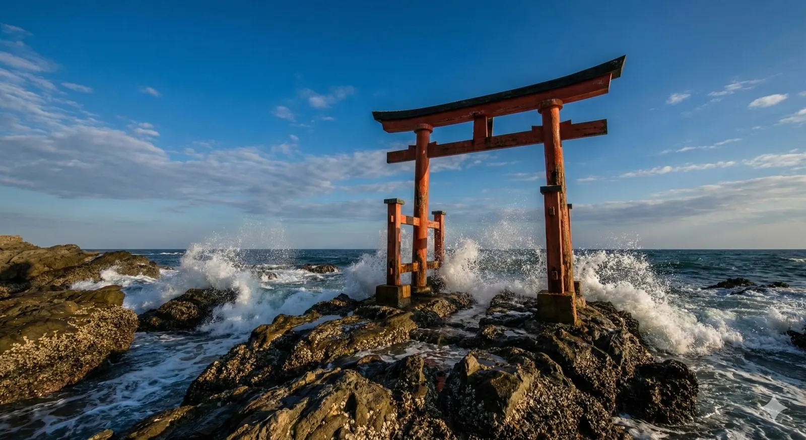A Shinto Torii gate standing on jagged rocks in the ocean, with waves crashing around it under a blue sky.