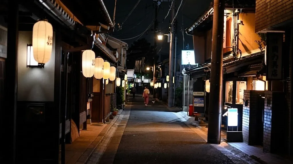 A quiet old-town street in Nara at night, lit by glowing paper lanterns