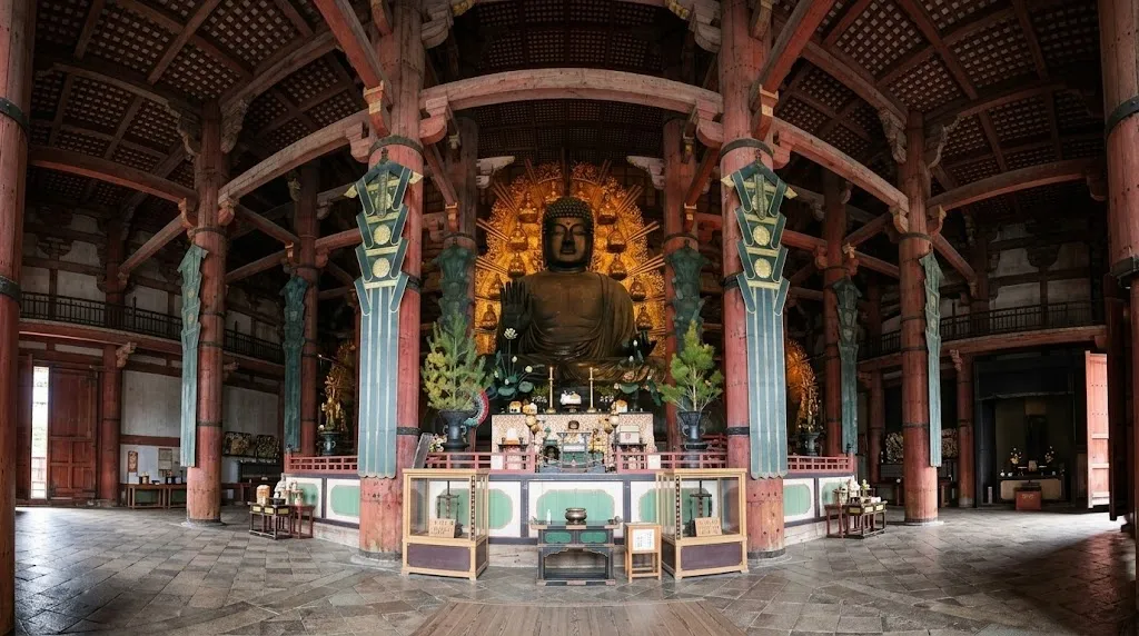 The great bronze Buddha of Todai-ji seated beneath the soaring wooden pillars of its hall in Nara