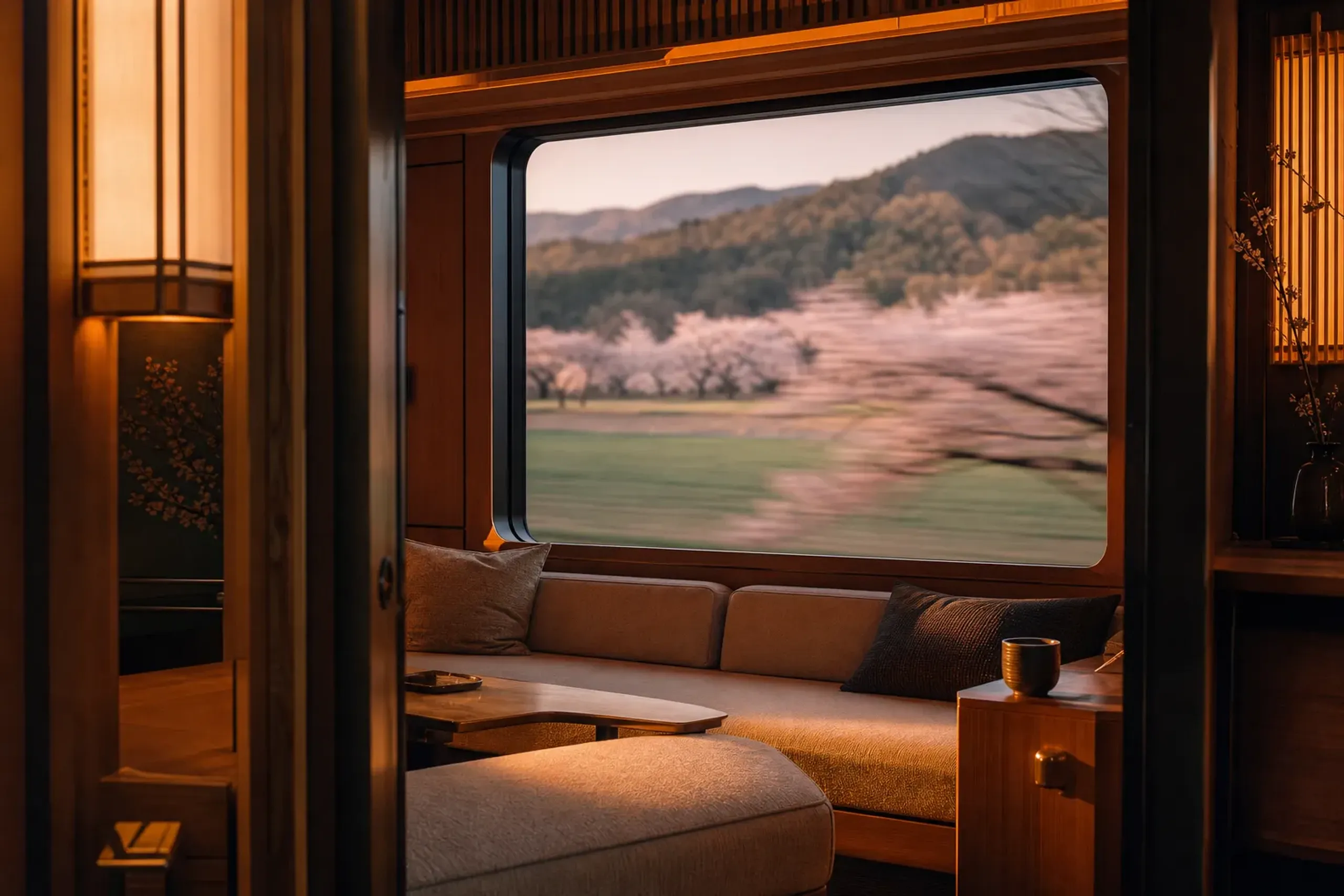 Suite interior with panoramic window and seating on Train Suite Shiki-shima