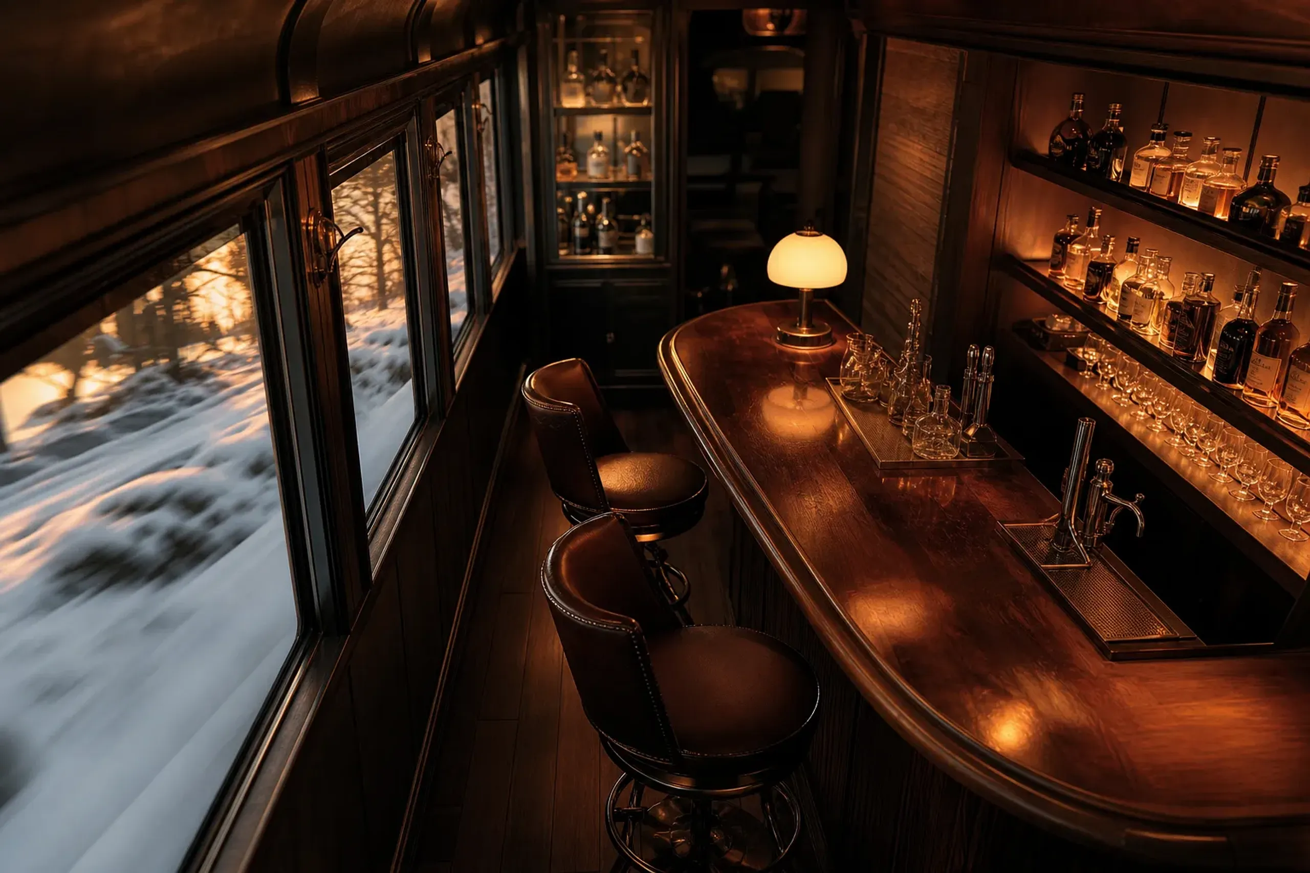 Bar area inside Lounge Komorebi on Train Suite Shiki-shima
